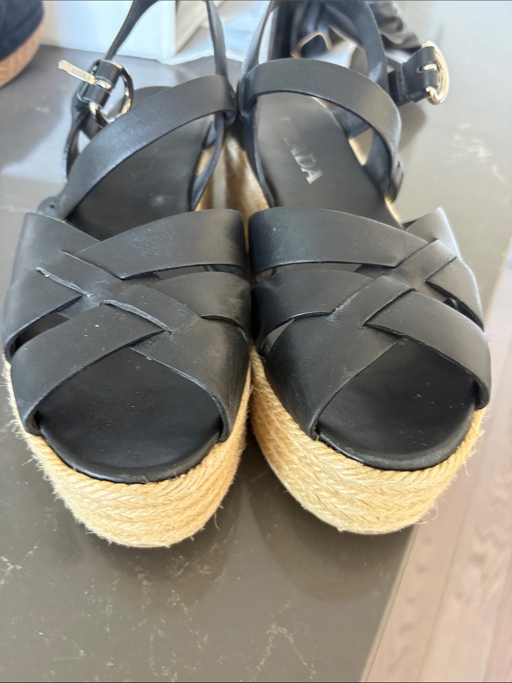 Prada Black Leather Braided Espadrille Sandals with Silver Buckle - Picture 2 of 3